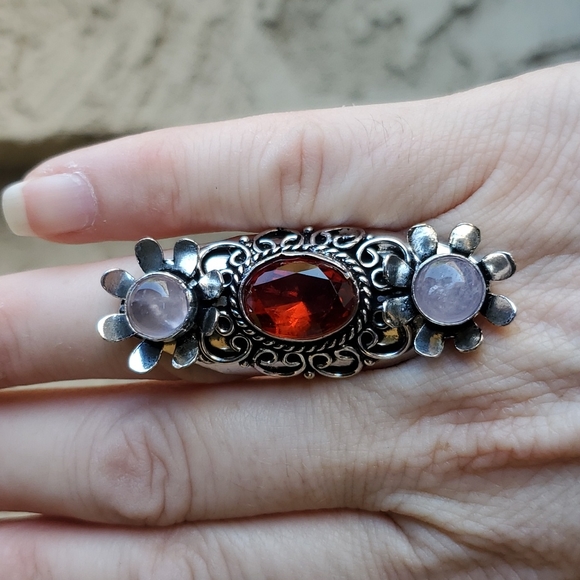 New Mozambique Garnet and Rose Quartz 925 Silver Flowers Statement Ring. - Picture 8 of 11